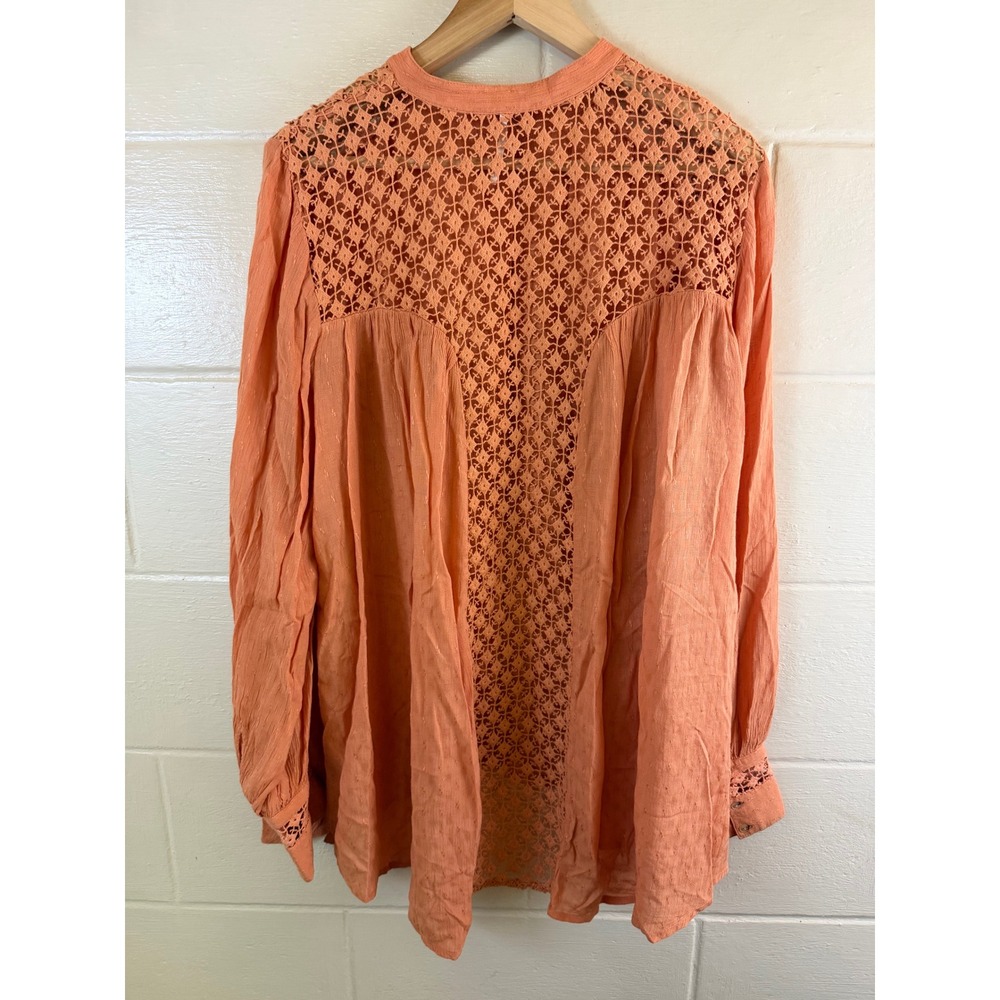 Free People Lace Inset Blouse Women Large Orange Long Sleeve Button Down Boho - Picture 3 of 12